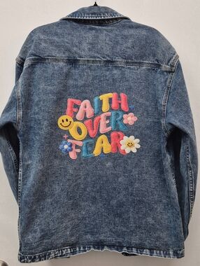 Blue Denim Jean Jacket colorfyl "Faith Over Fear" Embroidery Look Design